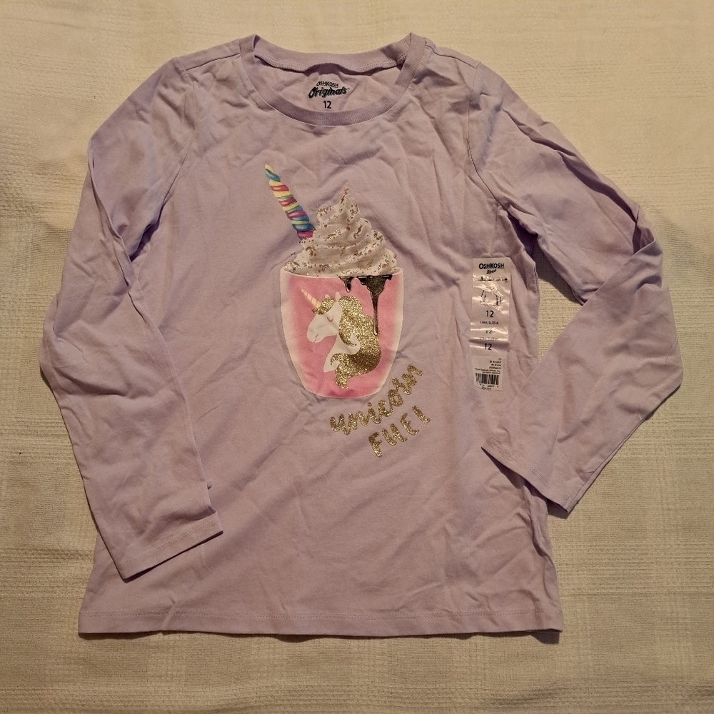 Oshkosh B'Gosh girls size 12 light purple long sleeve shirt, unicorn shirt, NWT